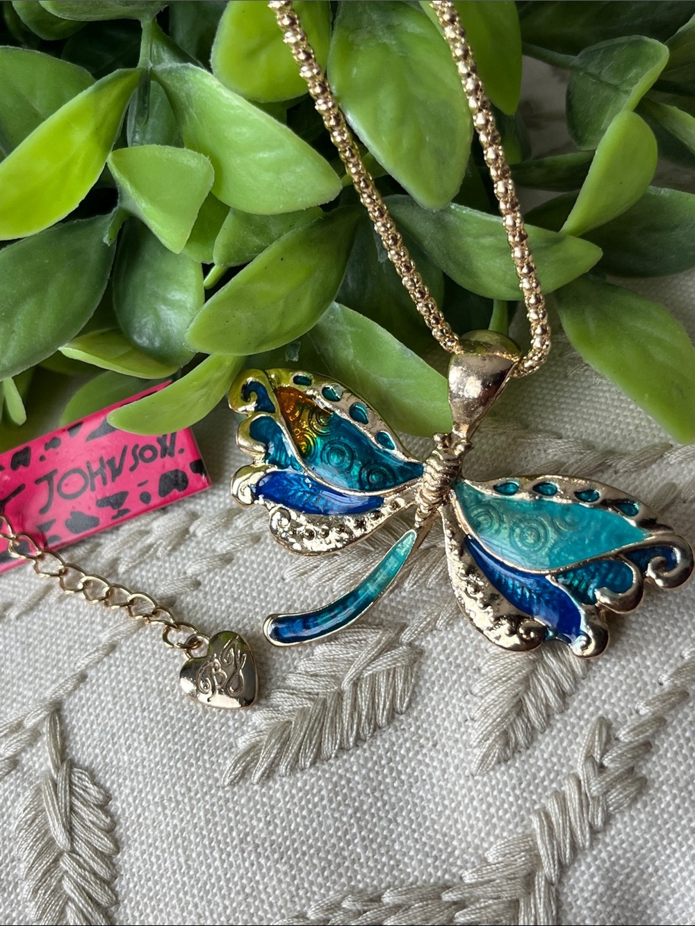 Betsey Johnson Gold Dragonfly Pendant Necklace with Blue & Teal Enamel